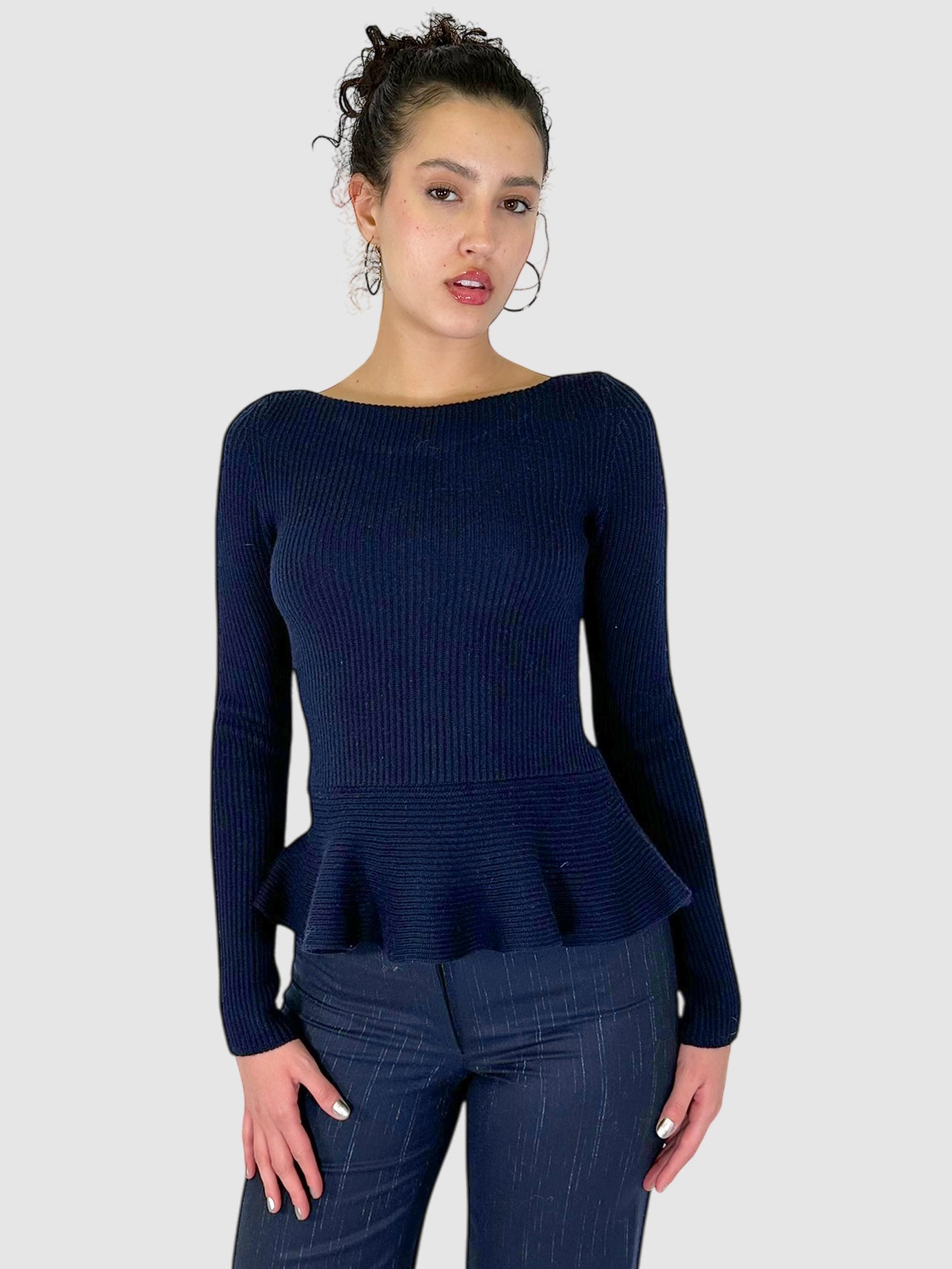 Ribbed Wool Peplum Top - Size S