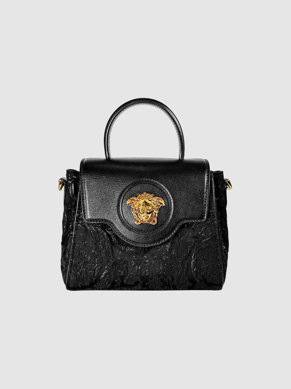 Versace Black Leather and Jacquard Small La Medusa Bag Luxury Designer Resale Handbag Crossbody Toronto Consignment Secondhand Pre-Loved VSP Vestiaire 1stDibs
