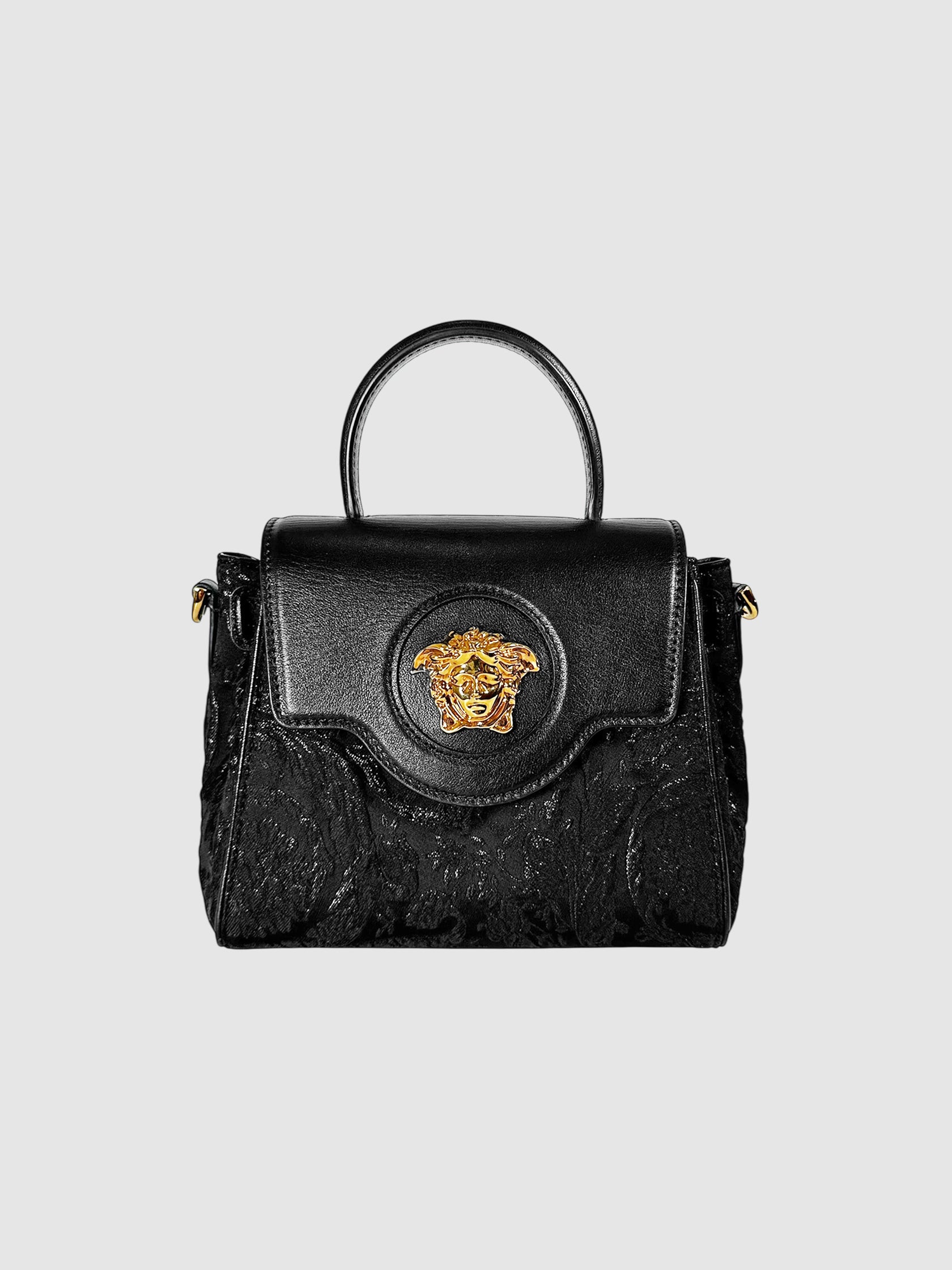 Versace Black Leather and Jacquard Small La Medusa Bag Luxury Designer Resale Handbag Crossbody Toronto Consignment Secondhand Pre-Loved VSP Vestiaire 1stDibs