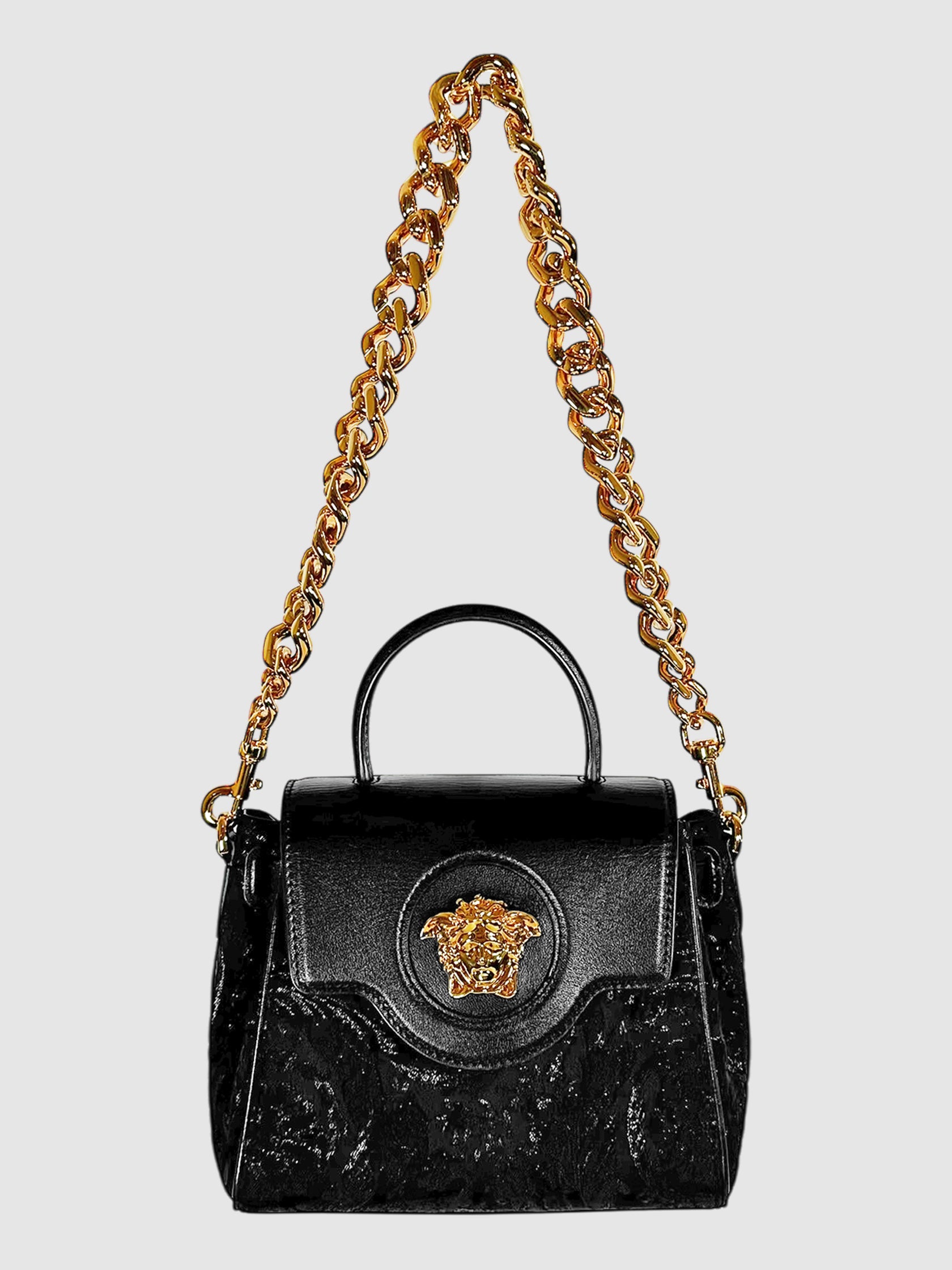 Versace Black Leather and Jacquard Small La Medusa Bag Luxury Designer Resale Handbag Crossbody Toronto Consignment Secondhand Pre-Loved VSP Vestiaire 1stDibs