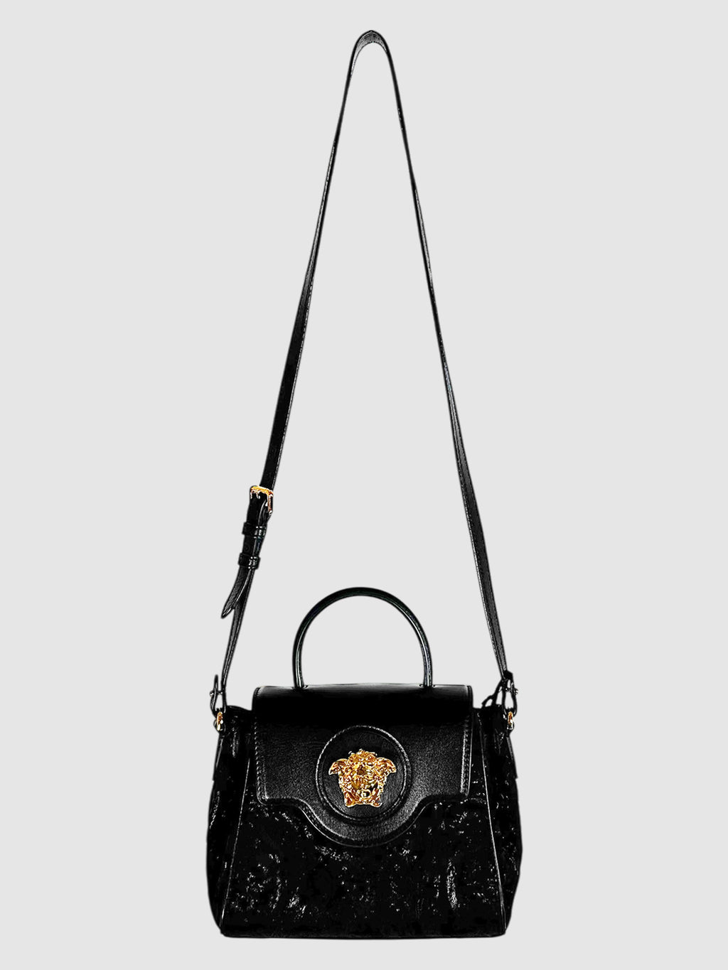 Versace Black Leather and Jacquard Small La Medusa Bag Luxury Designer Resale Handbag Crossbody Toronto Consignment Secondhand Pre-Loved VSP Vestiaire 1stDibs