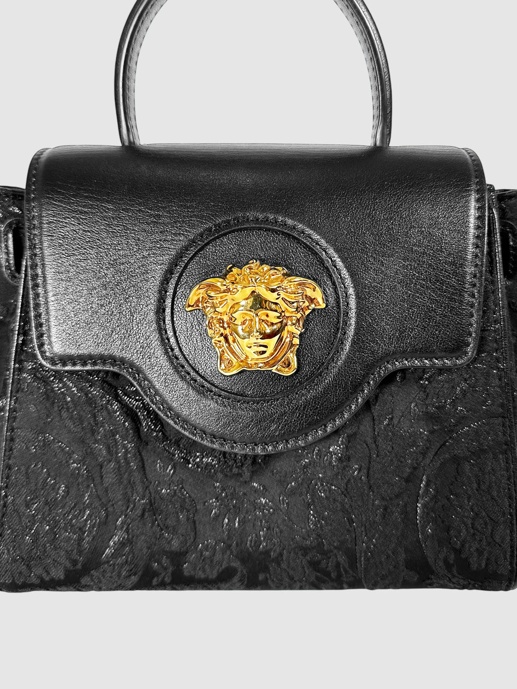 Versace Black Leather and Jacquard Small La Medusa Bag Luxury Designer Resale Handbag Crossbody Toronto Consignment Secondhand Pre-Loved VSP Vestiaire 1stDibs