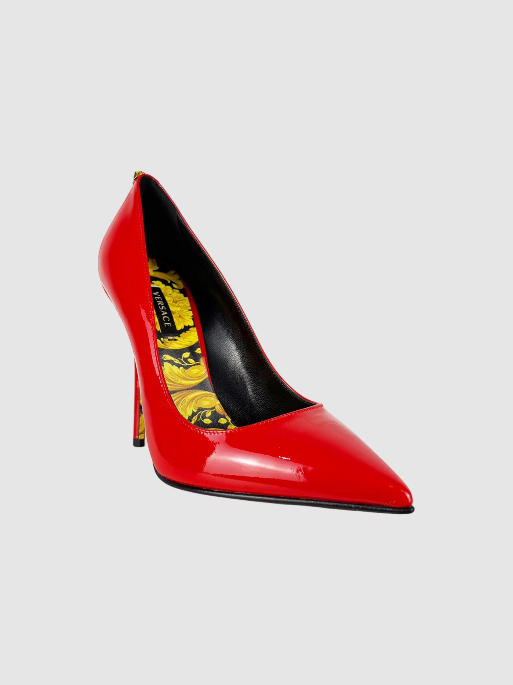 Versace Red Patent Leather Hibiscus Barocco Pumps - Size IT 36 luxury designer resale consignment toronto canada secondhand