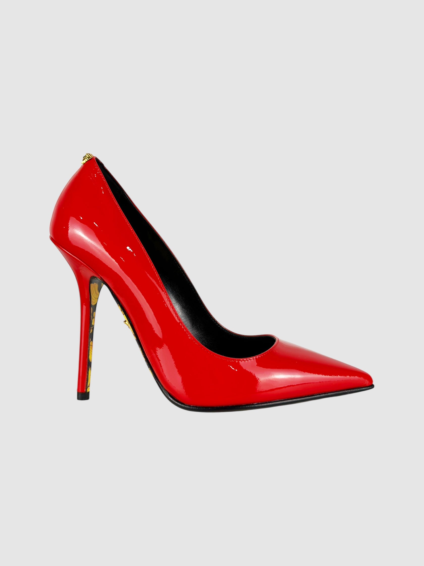 Versace Red Patent Leather Hibiscus Barocco Pumps - Size IT 36 luxury designer resale consignment toronto canada secondhand