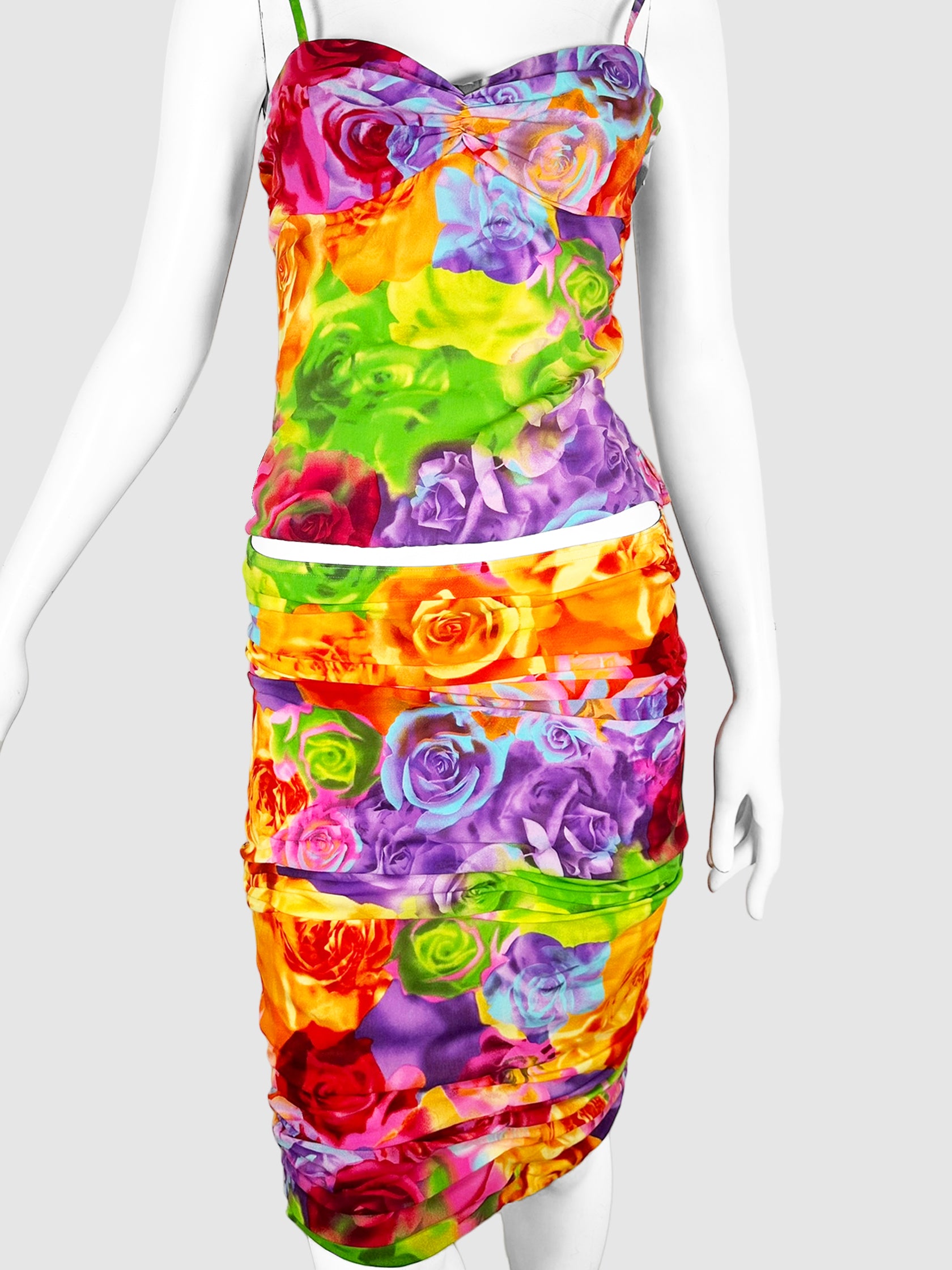 Versace Multicolour Ruched Floral 2 Piece Set Size 42 Consignment Secondhand Designer Luxury Resale Toronto Trendy