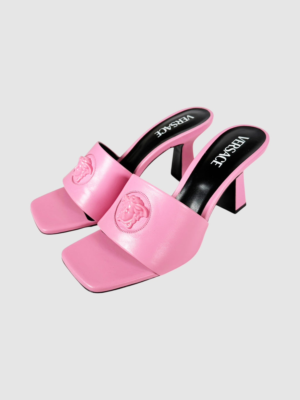 Versace Pink Leather Medusa Sandal Heels, Size 39 Luxury Designer Resale Consignment Toronto Secondhand
