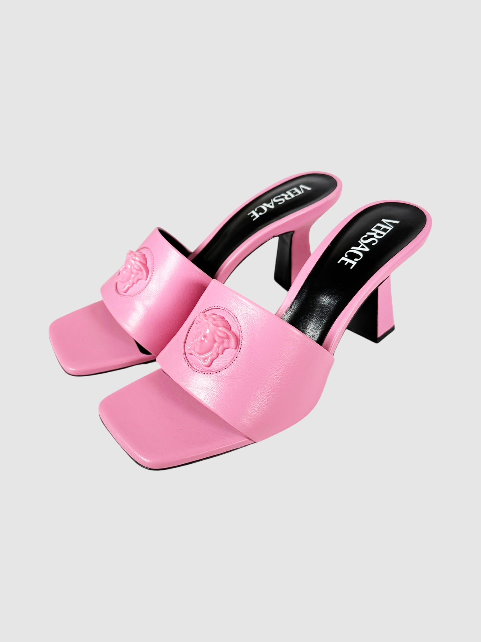 Versace Pink Leather Medusa Sandal Heels, Size 39 Luxury Designer Resale Consignment Toronto Secondhand