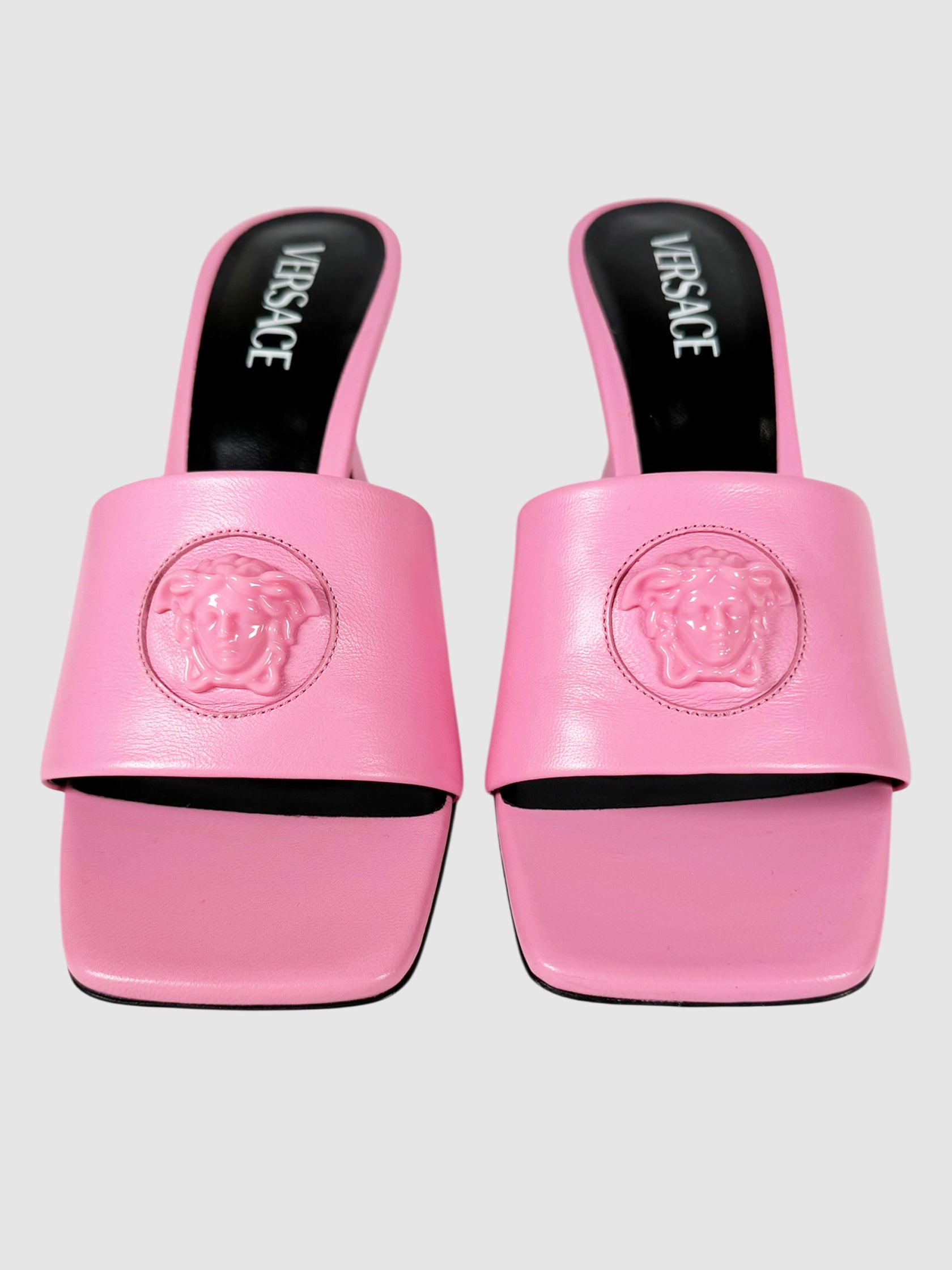 Versace Pink Leather Medusa Sandal Heels, Size 39 Luxury Designer Resale Consignment Toronto Secondhand