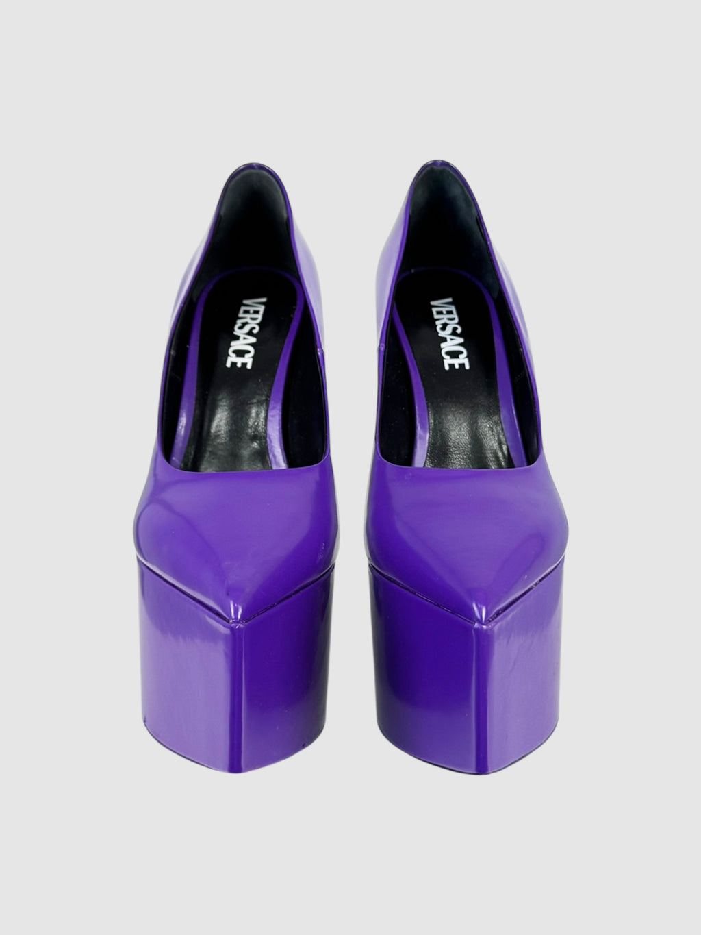Versace Purple Leather Tempest Platform Pumps, Size 39.5 Luxury Designer Resale Consignment Toronto Secondhand Pre-Loved