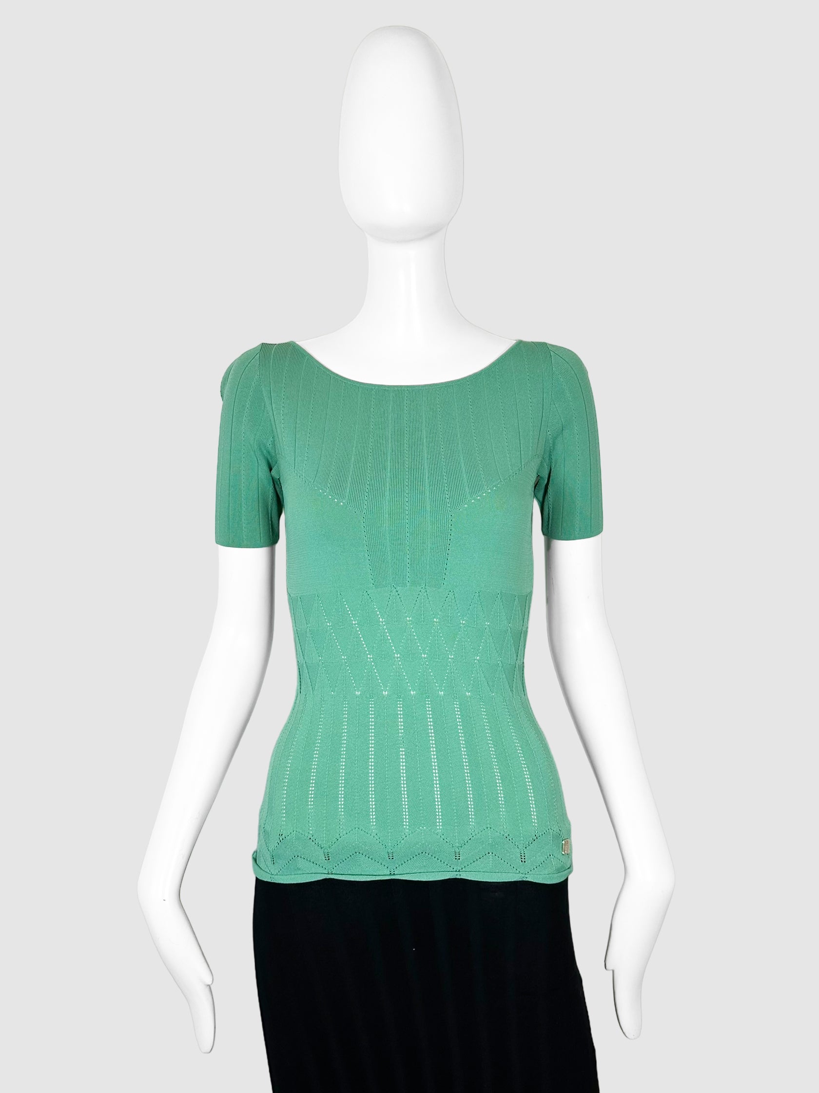 Versace Collection Turquoise Green Short Sleeve Textured Knit Top Size 40 Consignment Secondhand Designer Luxury Resale Toronto Trendy