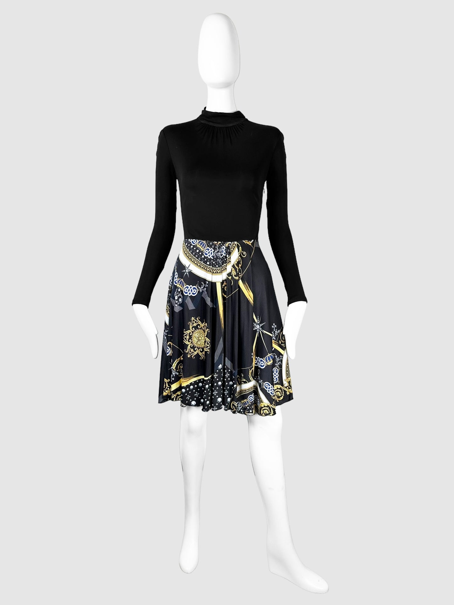 Versace Collection Black, White, Yellow, and Blue Logo-Style Print Pleated Mini Dress Size Medium Consignment Secondhand Designer Luxury Resale Toronto Trendy