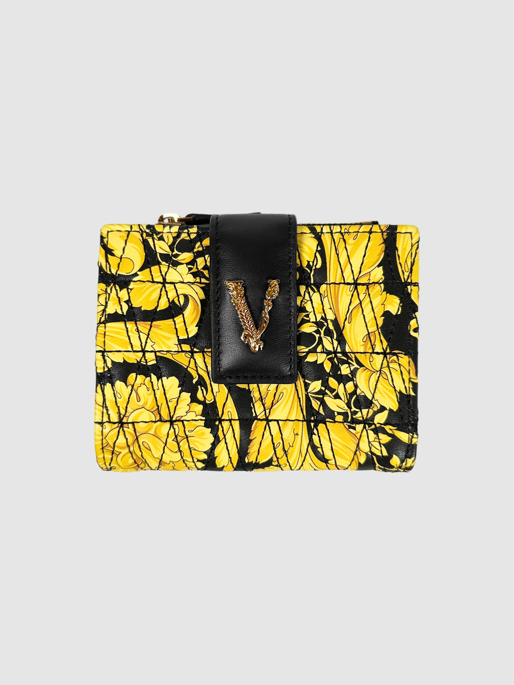 Versace Black and Yellow Quilted Leather Virtus Barocco Bifold Wallet Luxury Designer Resale Toronto Secondhand