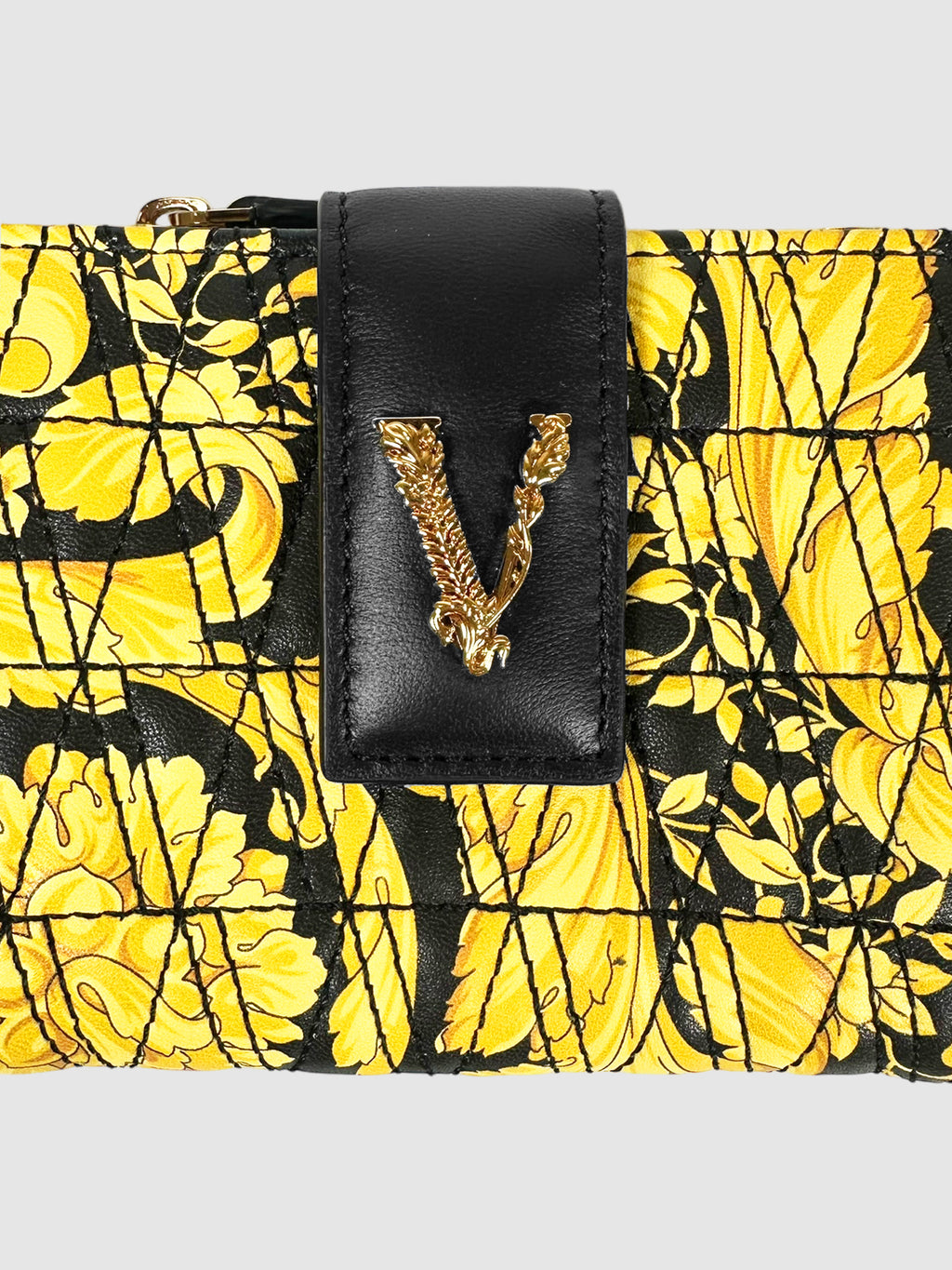 Versace Black and Yellow Quilted Leather Virtus Barocco Bifold Wallet Luxury Designer Resale Toronto Secondhand