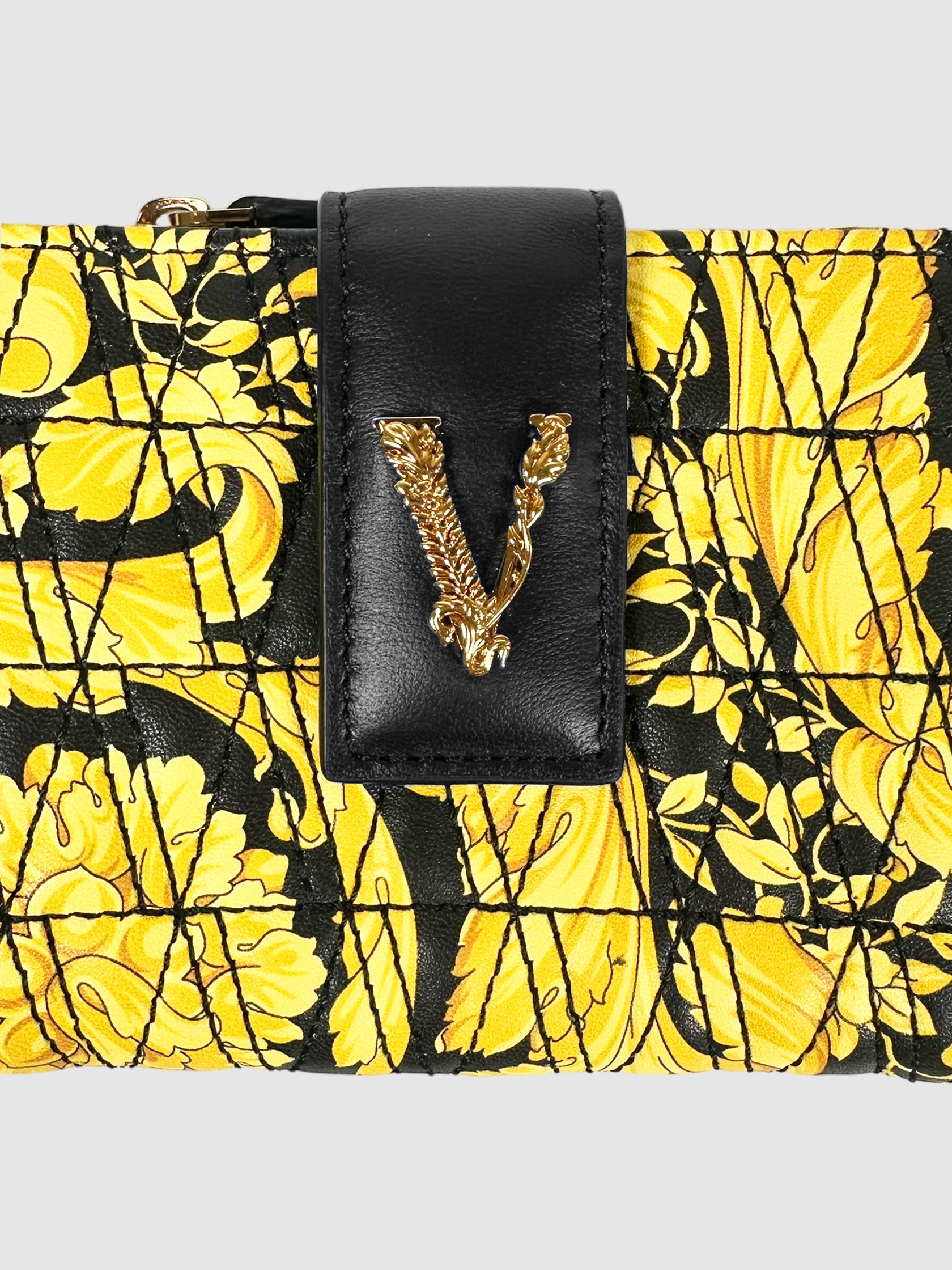 Versace Black and Yellow Quilted Leather Virtus Barocco Bifold Wallet Luxury Designer Resale Toronto Secondhand