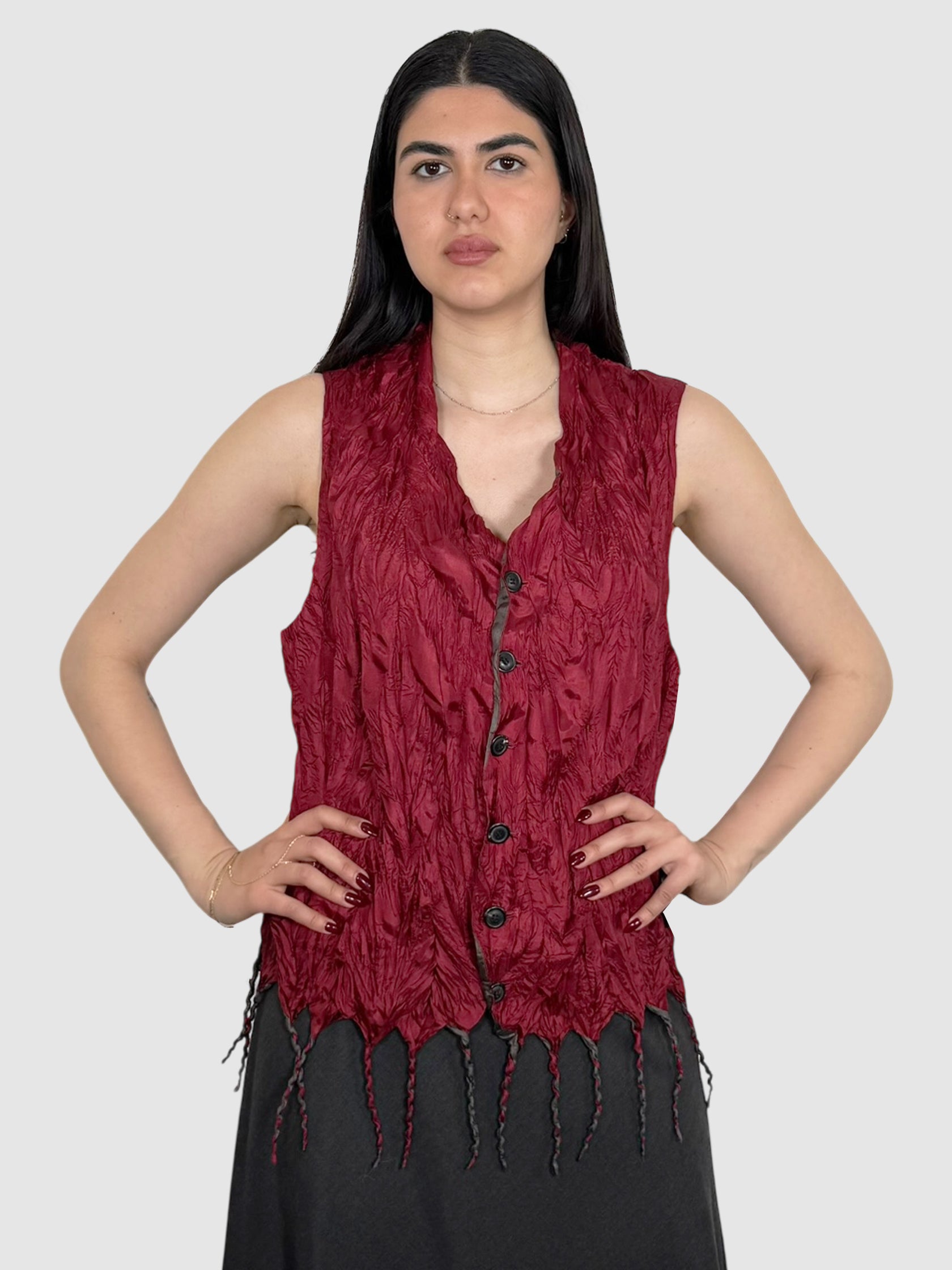 Issey Miyake 1994 Red and Black Sleeveless Fringe Hem Crinkled Button-Up Vest, Size Medium luxury designer resale consignment toronto canada secondhand