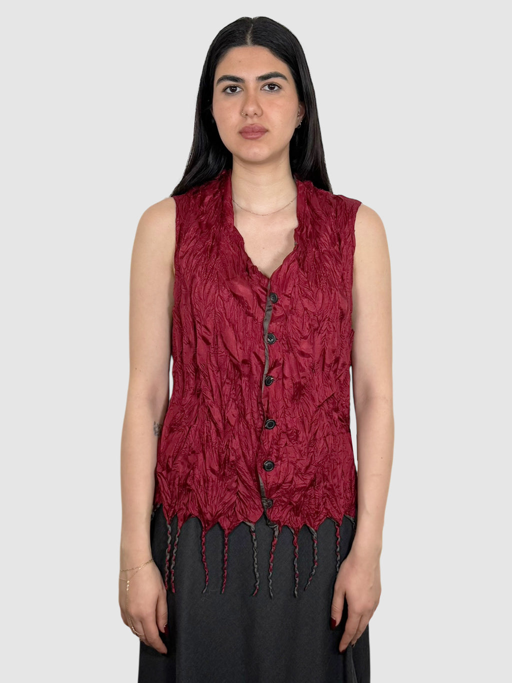 Issey Miyake 1994 Red and Black Sleeveless Fringe Hem Crinkled Button-Up Vest, Size Medium luxury designer resale consignment toronto canada secondhand
