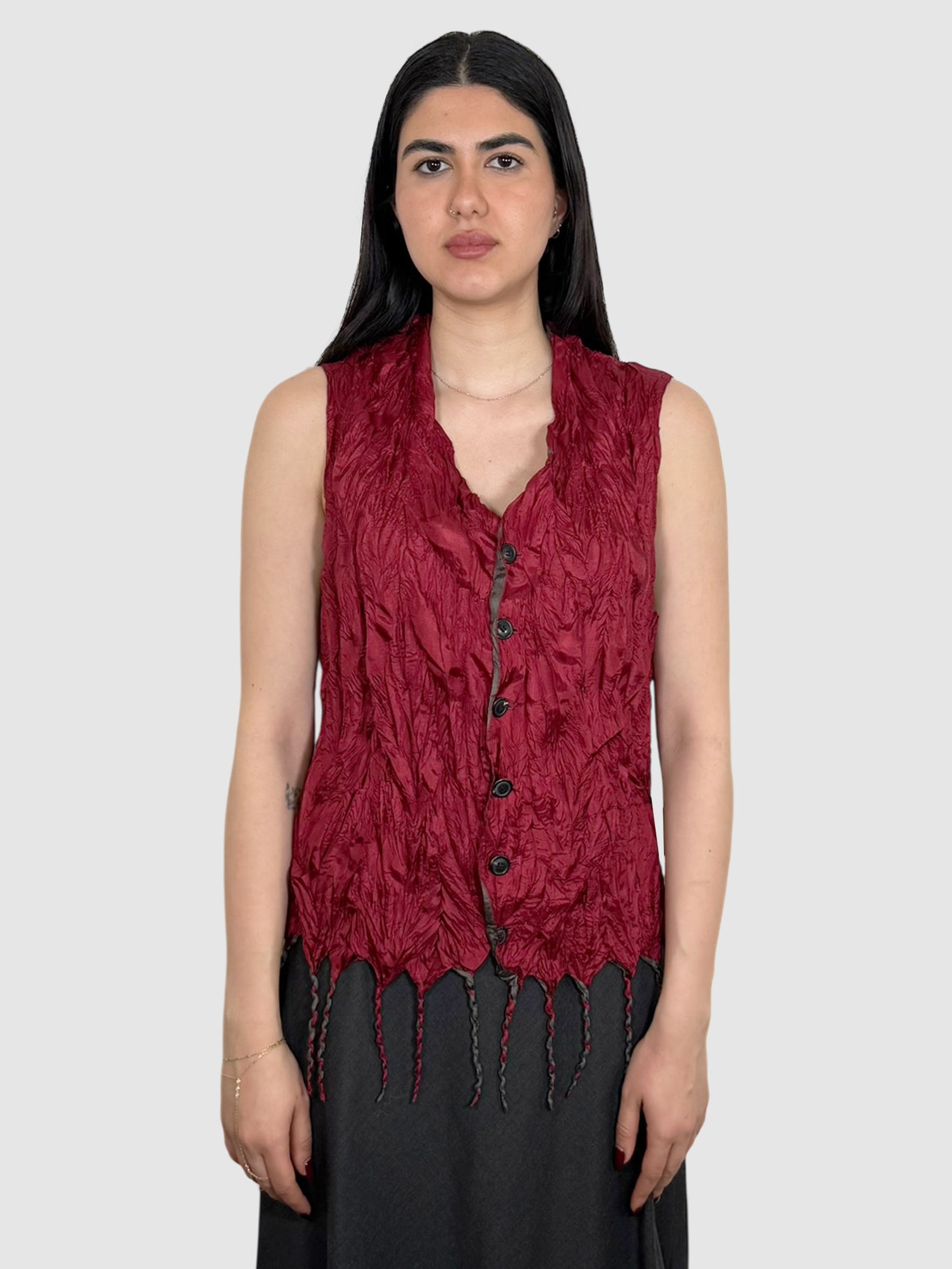 Issey Miyake 1994 Red and Black Sleeveless Fringe Hem Crinkled Button-Up Vest, Size Medium luxury designer resale consignment toronto canada secondhand