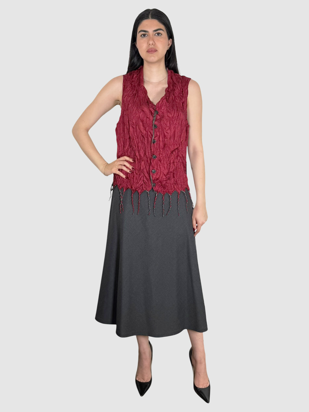 Issey Miyake 1994 Red and Black Sleeveless Fringe Hem Crinkled Button-Up Vest, Size Medium luxury designer resale consignment toronto canada secondhand