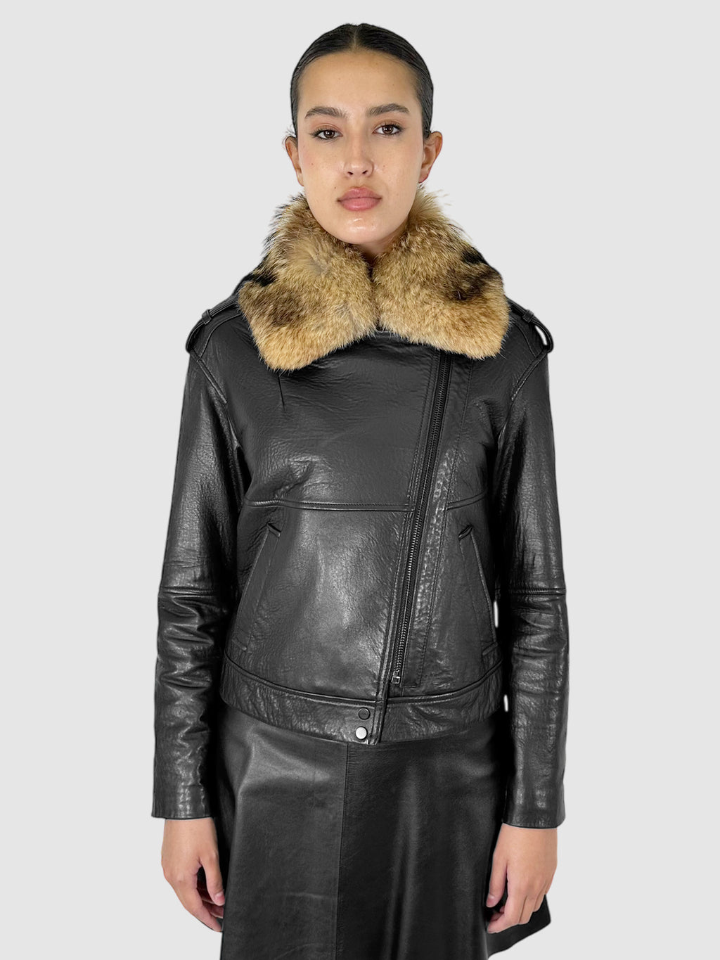 Coyote Fur Collar Leather Moto Jacket - Size XS
