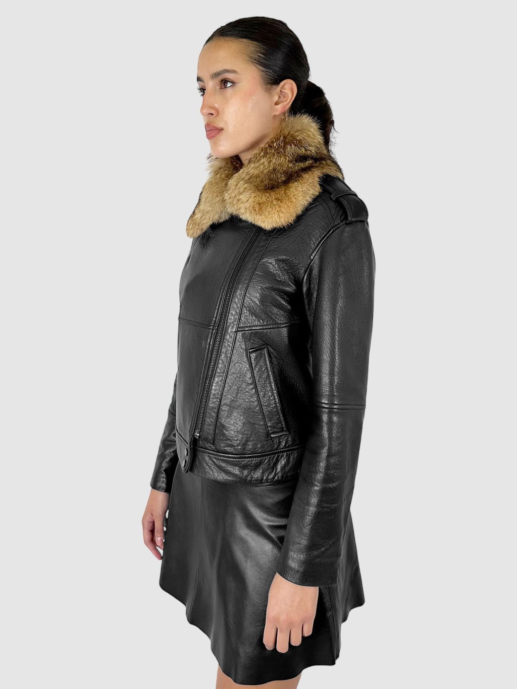 Coyote Fur Collar Leather Moto Jacket - Size XS