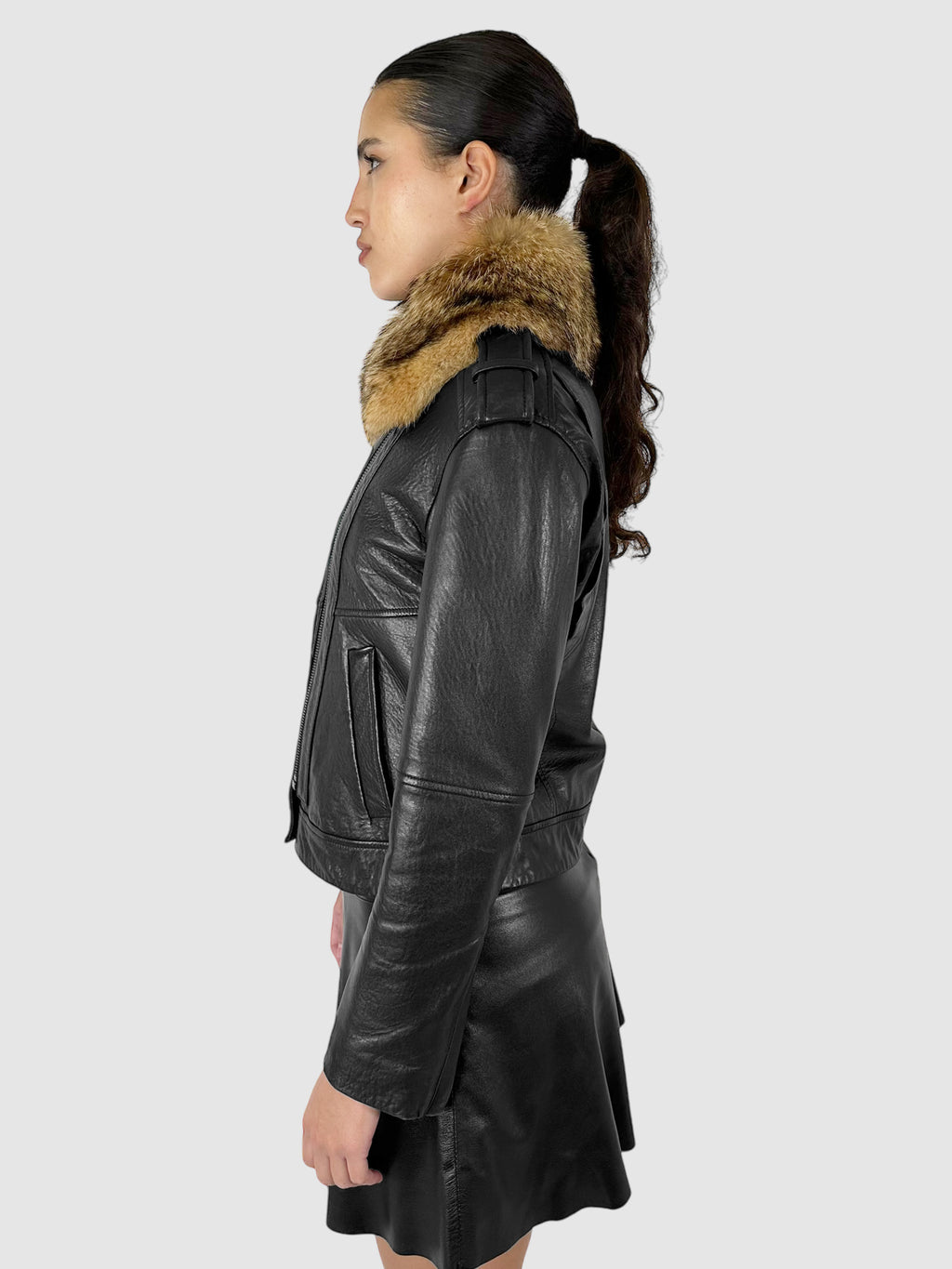 Coyote Fur Collar Leather Moto Jacket - Size XS
