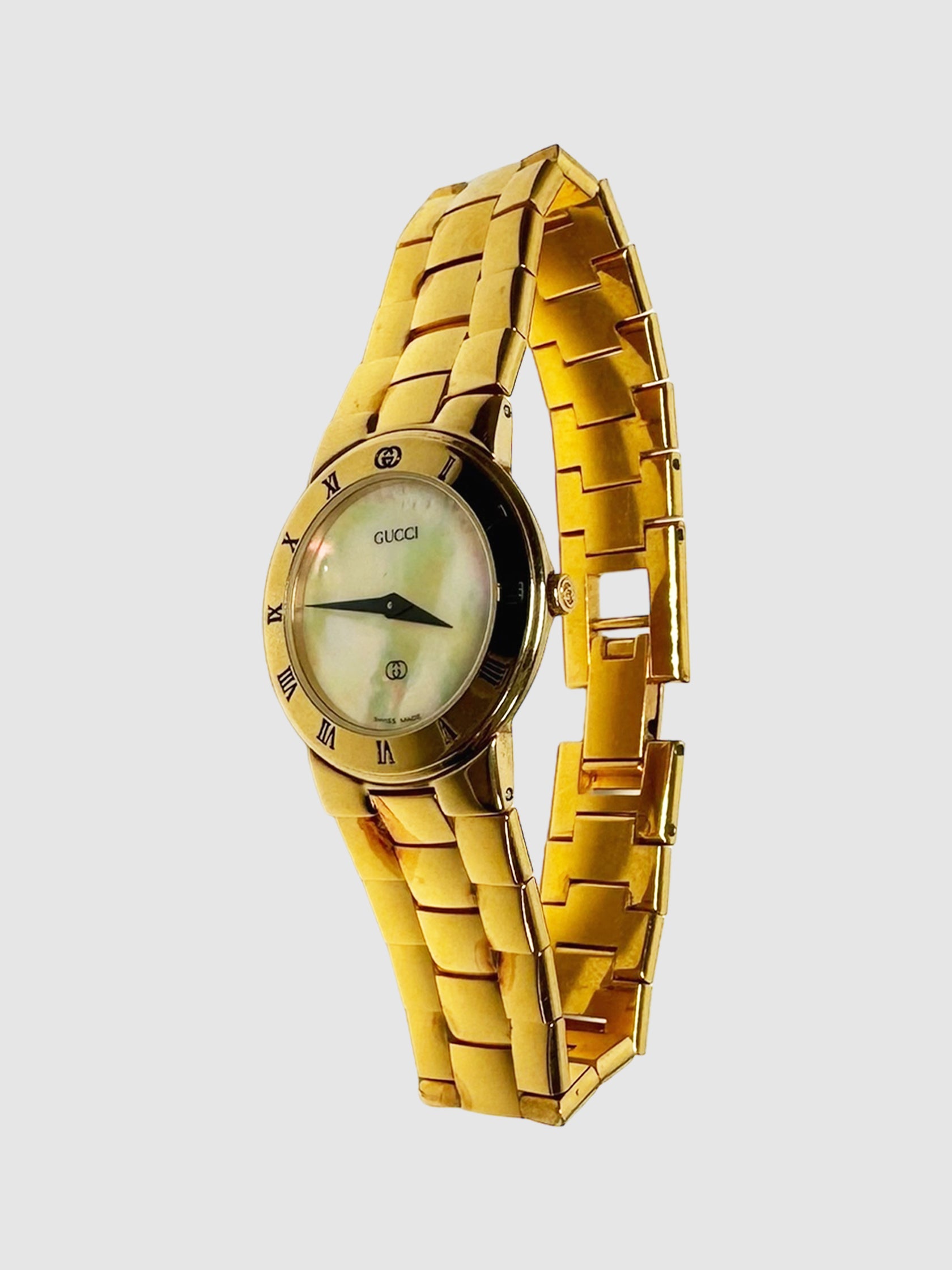 Gucci Gold-Plated Mother of Pearl Dial Swiss Quartz Watch Consignment Secondhand Designer Luxury Resale Toronto Trendy