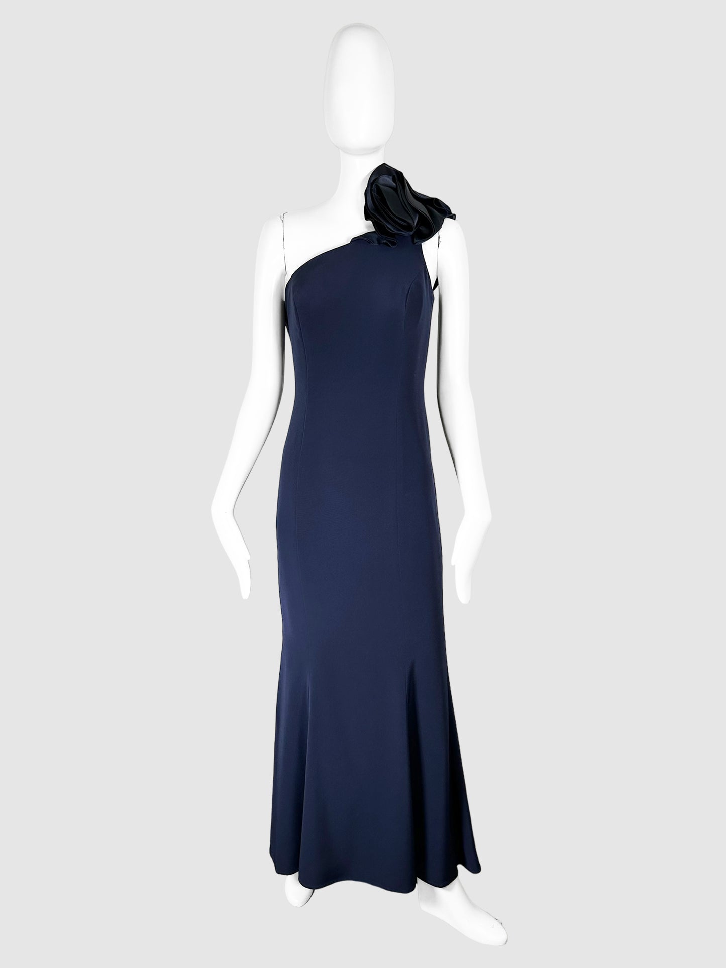 Wayne Clark Navy Blue Ruffled One-Shoulder Sleeveless Maxi Dress Size 6 Consignment Secondhand Designer Luxury Resale Toronto Trendy