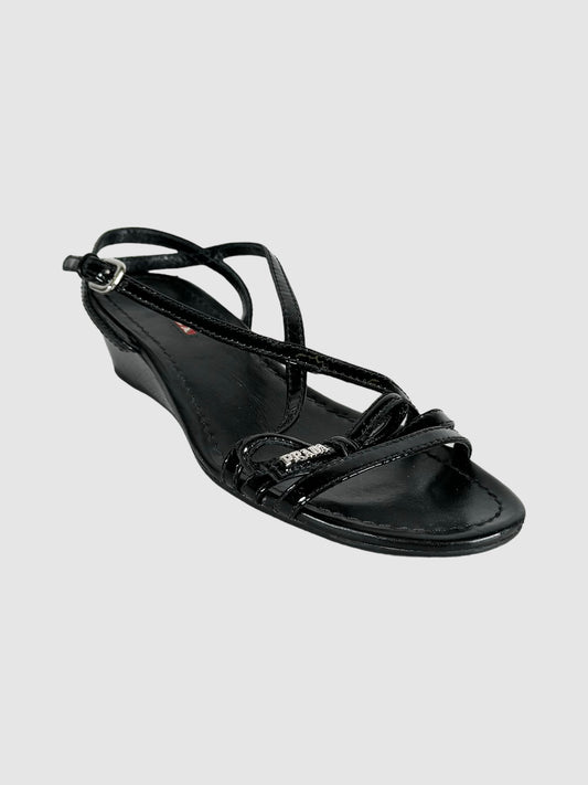 Prada Sport Black Patent Leather Strap Bow Wedges, Size 6 Consignment Secondhand Designer Luxury Resale Toronto Trendy