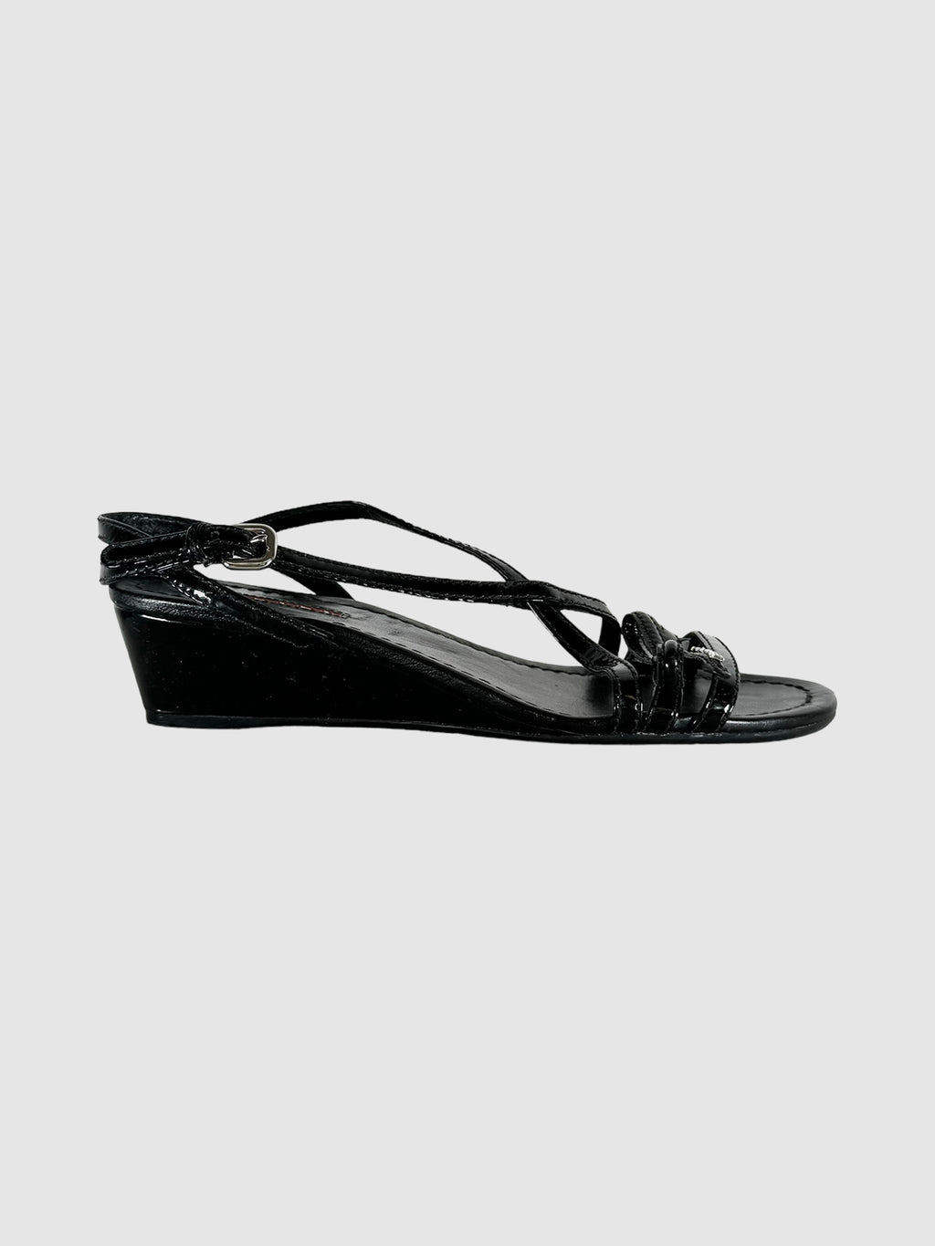 Prada Sport Black Patent Leather Strap Bow Wedges, Size 6 Consignment Secondhand Designer Luxury Resale Toronto Trendy