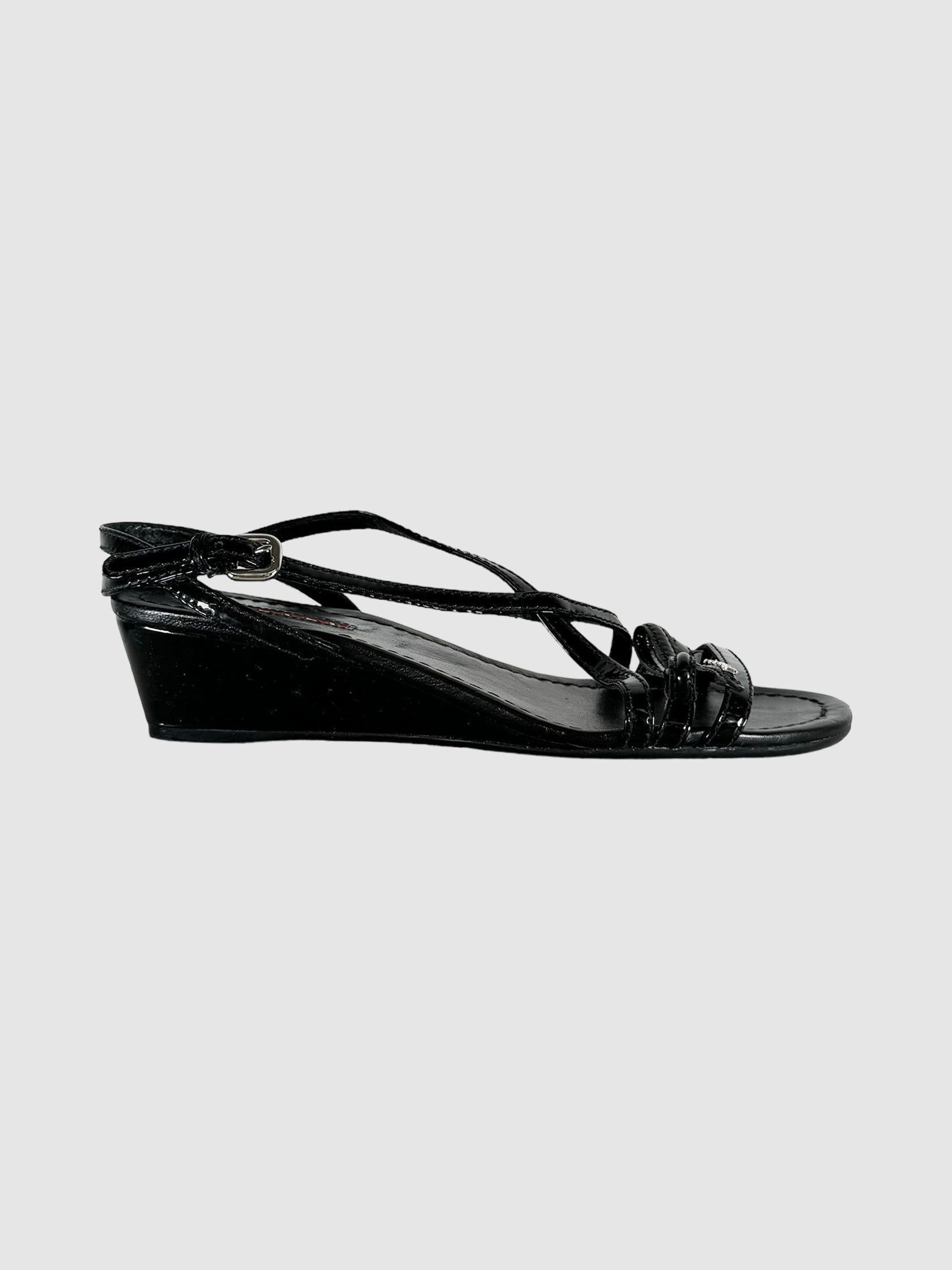 Prada Sport Black Patent Leather Strap Bow Wedges, Size 6 Consignment Secondhand Designer Luxury Resale Toronto Trendy