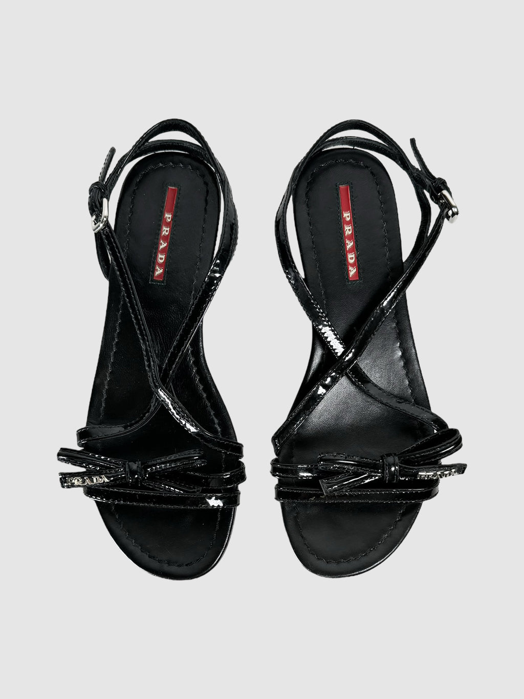 Prada Sport Black Patent Leather Strap Bow Wedges, Size 6 Consignment Secondhand Designer Luxury Resale Toronto Trendy