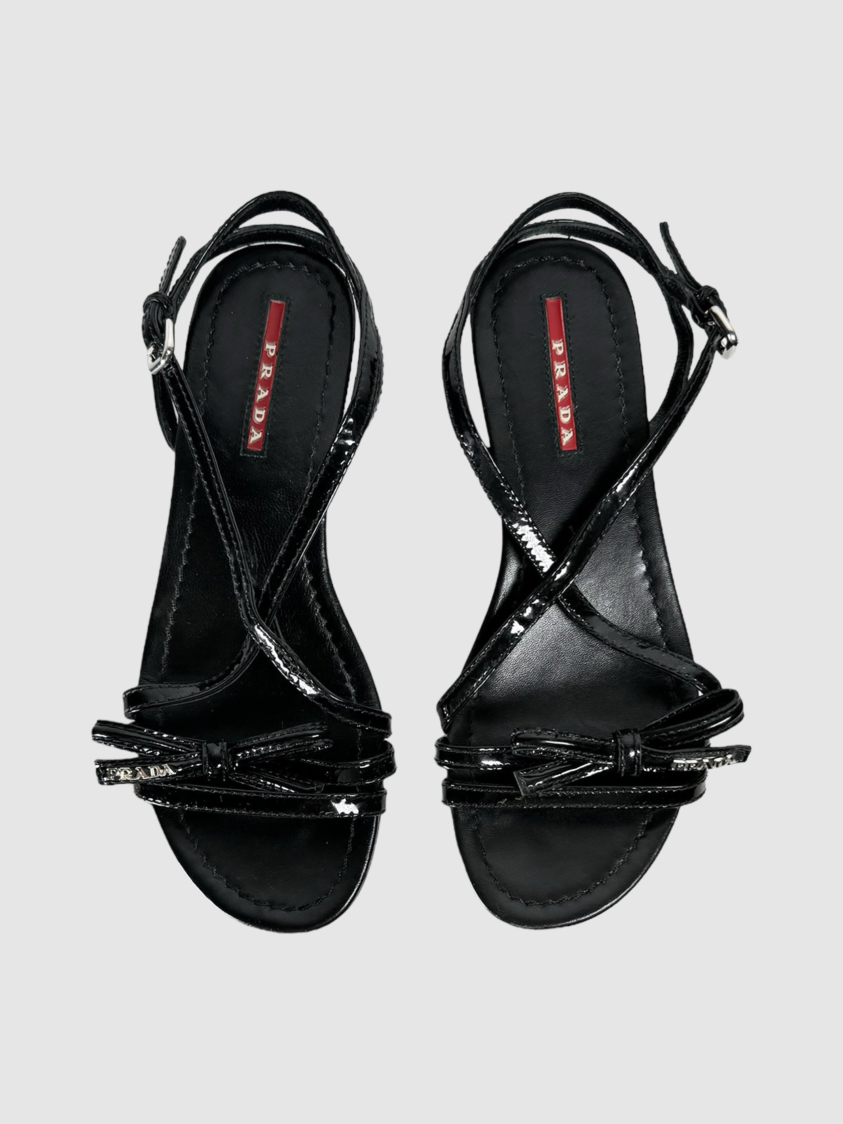Prada Sport Black Patent Leather Strap Bow Wedges, Size 6 Consignment Secondhand Designer Luxury Resale Toronto Trendy