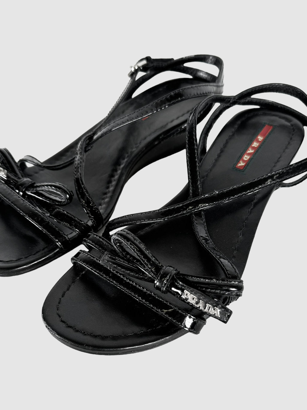 Prada Sport Black Patent Leather Strap Bow Wedges, Size 6 Consignment Secondhand Designer Luxury Resale Toronto Trendy