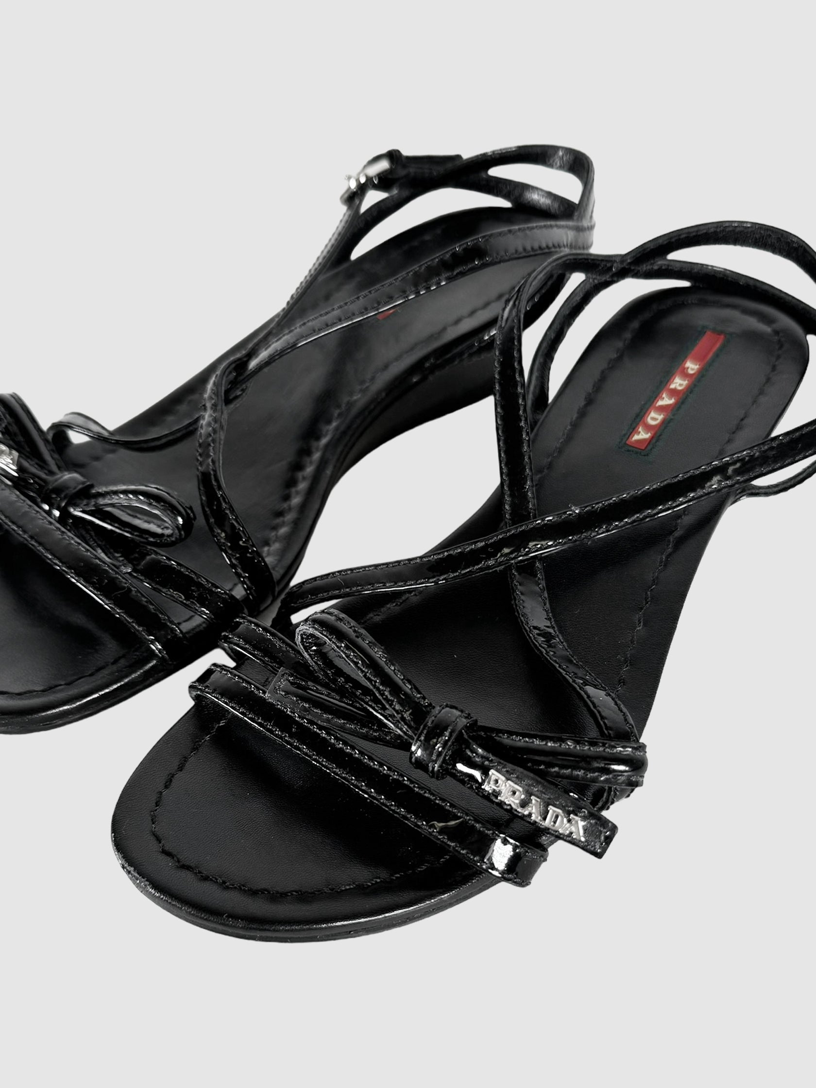 Prada Sport Black Patent Leather Strap Bow Wedges, Size 6 Consignment Secondhand Designer Luxury Resale Toronto Trendy
