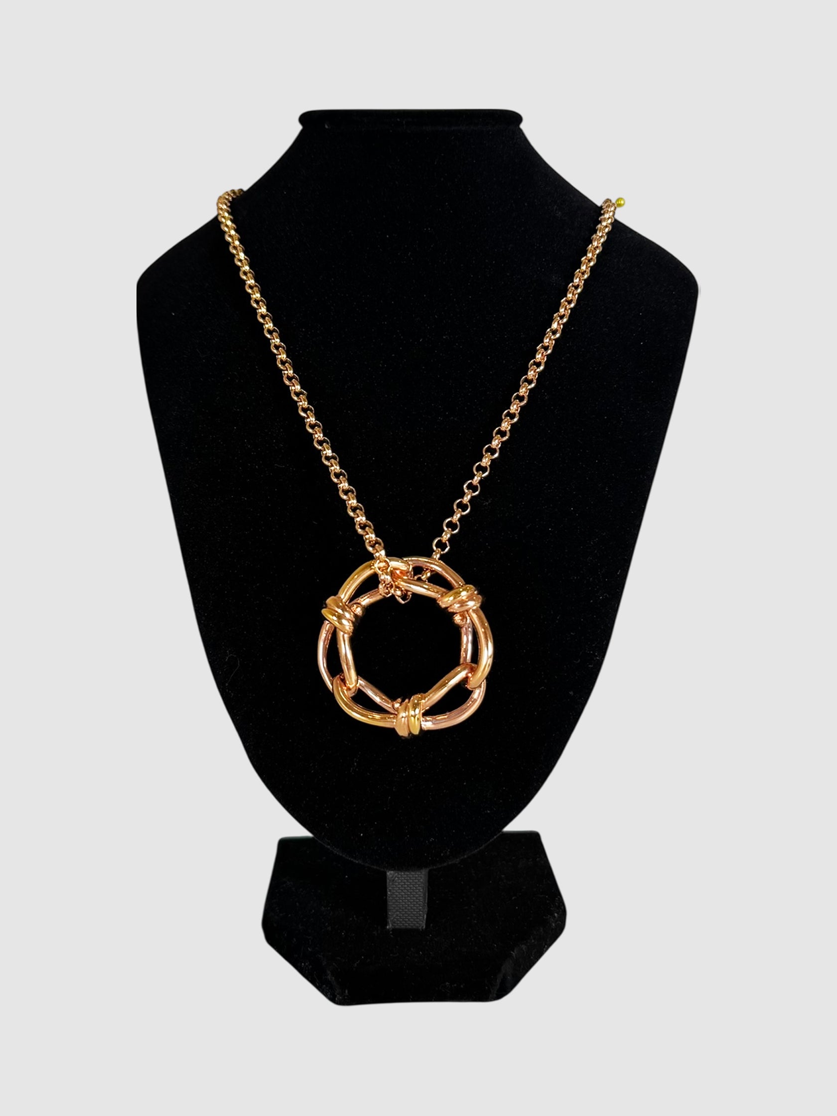 Balenciaga Rose Gold-Tone Continuity Bow Round Pendant Necklace luxury designer resale consignment secondhand Toronto Canada