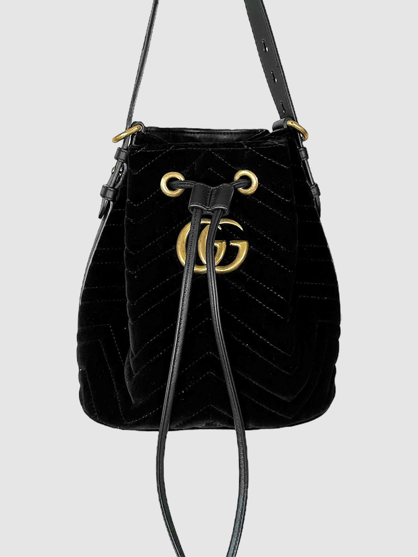 Gucci Black Velvet GG Marmont Chevron Bucket Bag Luxury Designer Resale Consignment Canada Toronto