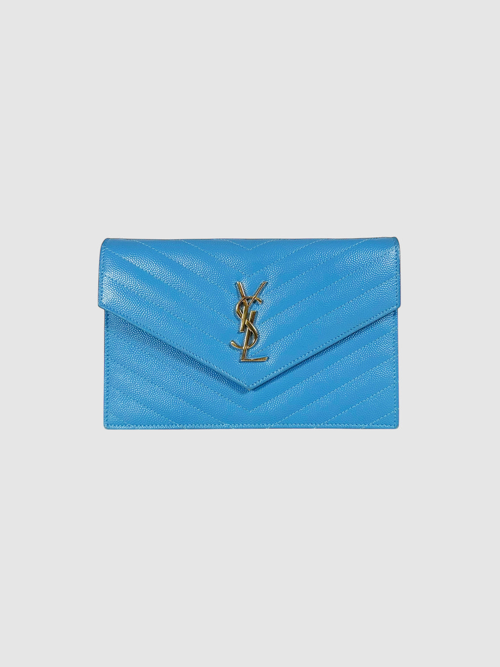 Saint Laurent Blue Chevron Leather Cassandre Envelope Wallet on Chain Luxury Designer Resale Consignment Toronto Secondhand Trendy Crossbody Bag