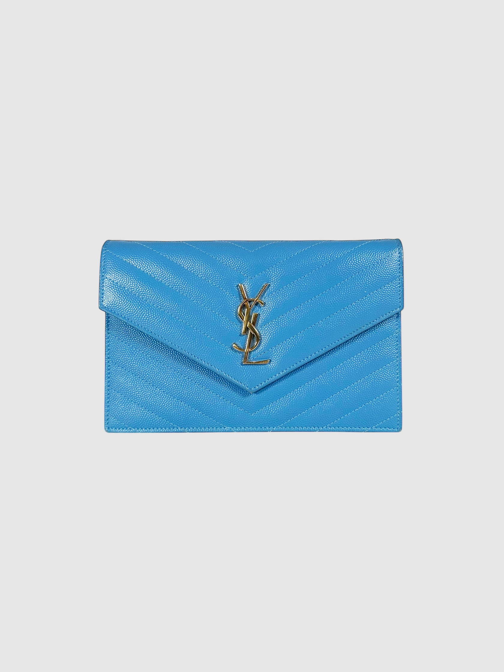 Saint Laurent Blue Chevron Leather Cassandre Envelope Wallet on Chain Luxury Designer Resale Consignment Toronto Secondhand Trendy Crossbody Bag