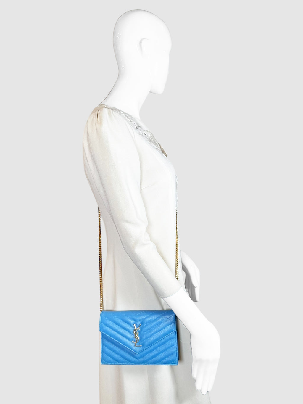 Saint Laurent Blue Chevron Leather Cassandre Envelope Wallet on Chain Luxury Designer Resale Consignment Toronto Secondhand Trendy Crossbody Bag