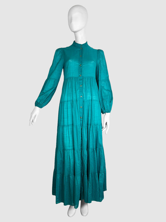 Zimmermann Teal Tiered Button-Up Maxi Dress Size 1 Consignment Secondhand Designer Luxury Resale Toronto Trendy