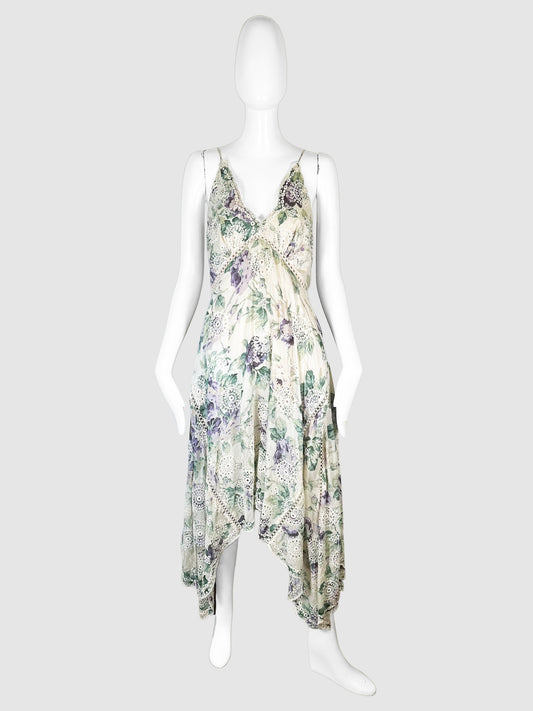 Zimmermann Cream with Purple and Cream Floral Print Eyelet Ruffle Hem Sleeveless Dress Size 0 Consignment Secondhand Designer Luxury Resale Toronto Trendy