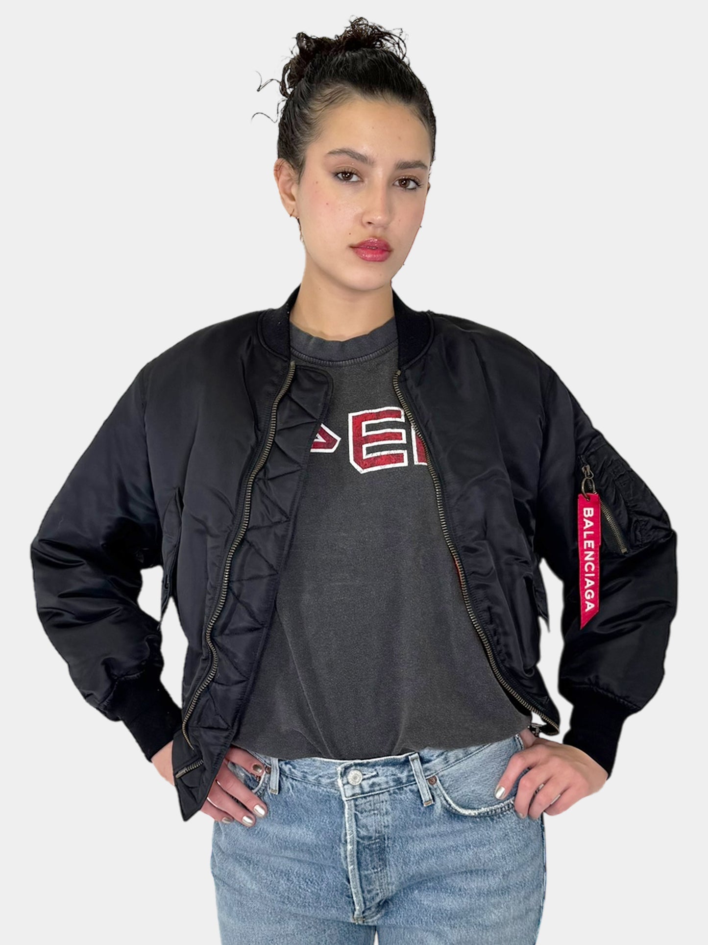 Balenciaga Black Crop Puffer Bomber Zip-Up Jacket, Size 36 Luxury Designer Resale Consignment Toronto Trendy Varsity