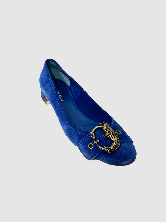 Miu Miu Blue Suede Flat Goose Shape Buckel Consignment Luxury Secondhand Thrift