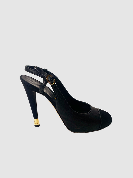 Chanel Black Leather Sling Back Platform Sandals - Size 40