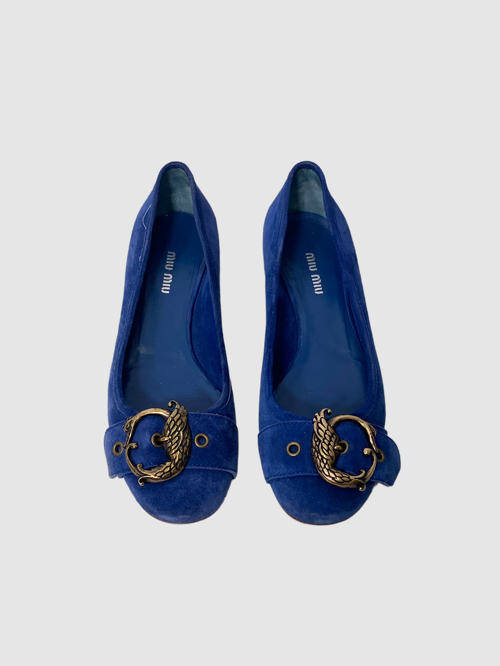 Miu Miu Blue Suede Flat Goose Shape Buckel Consignment Luxury Secondhand Thrift