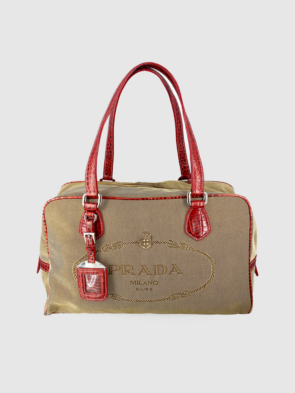 Prada Beige Canapa Logo Canvas Shoulder Bag Red