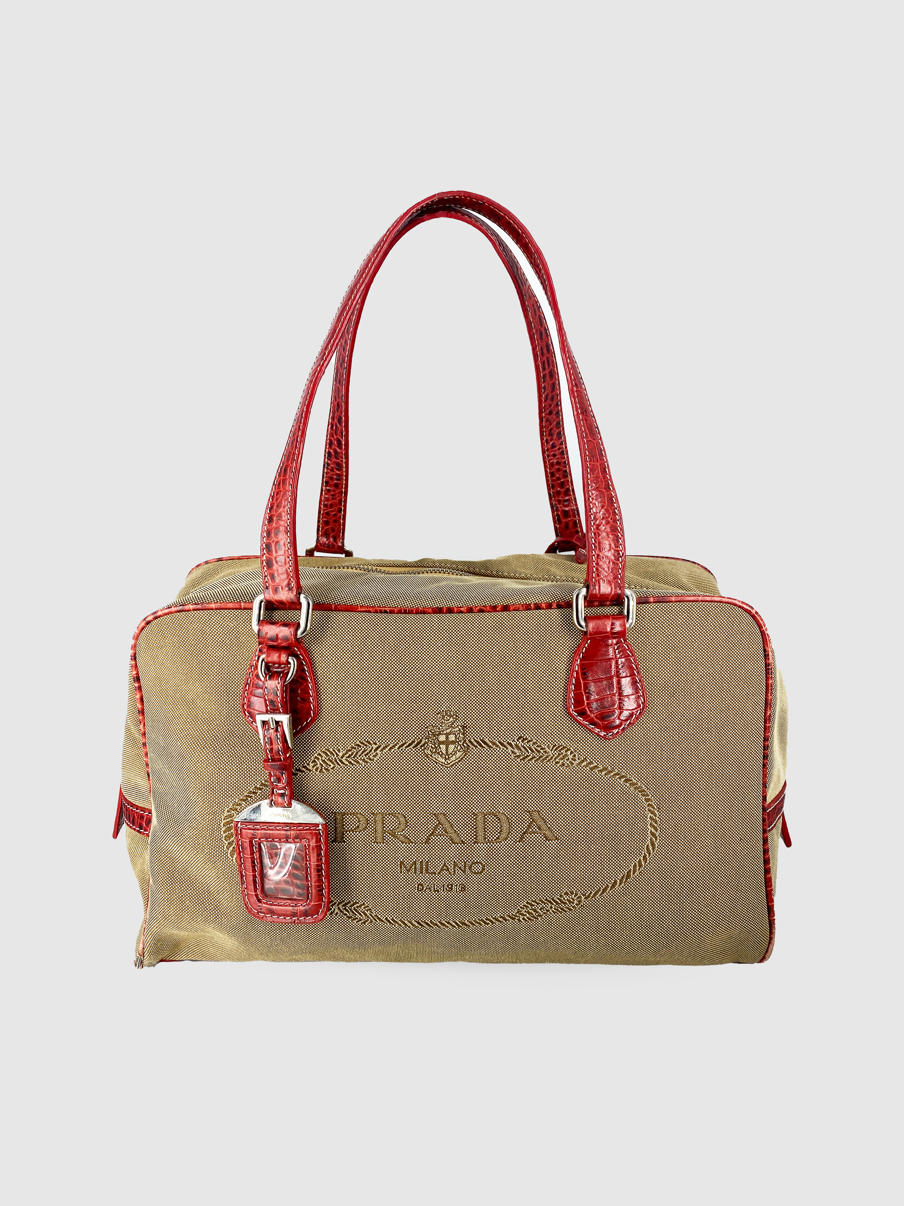 Prada Beige Canapa Logo Canvas Shoulder Bag Red