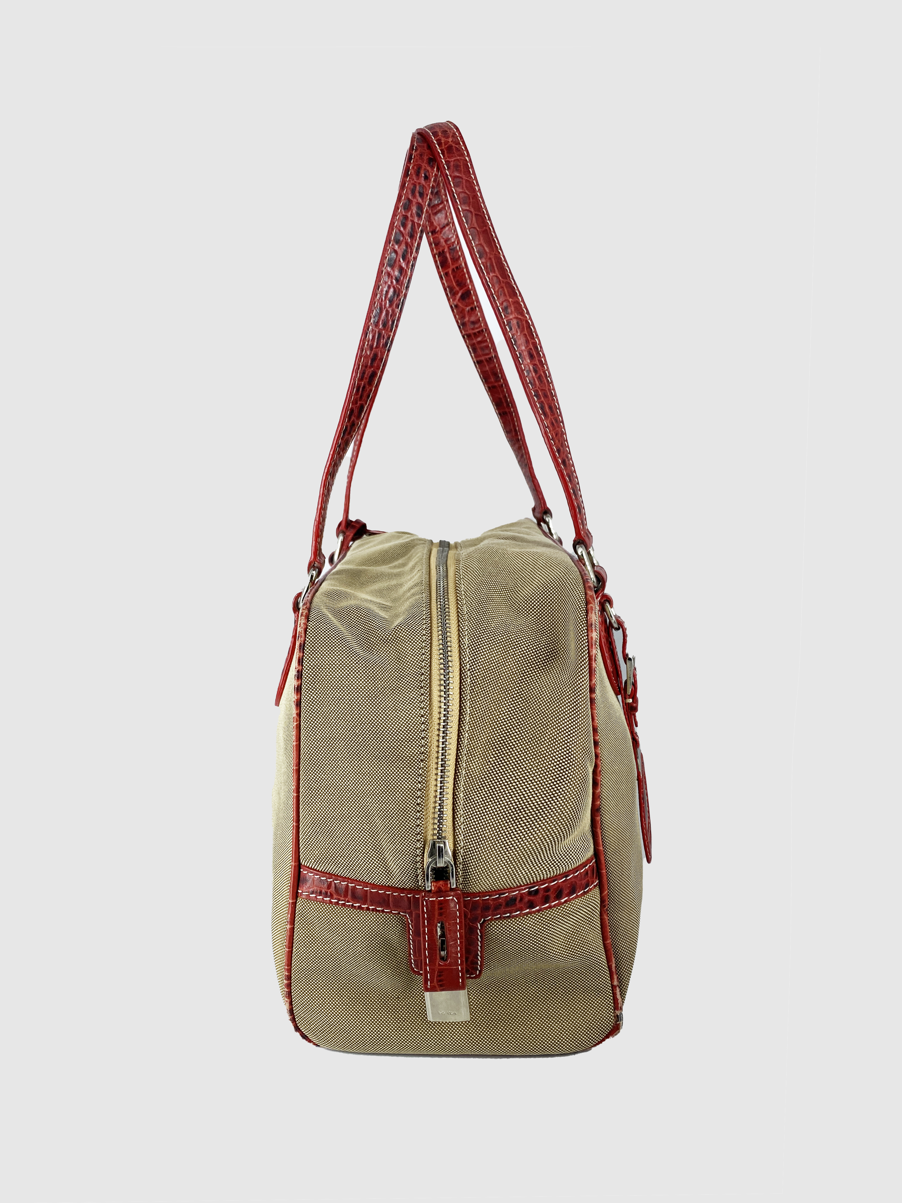 Prada Beige Canapa Logo Canvas Shoulder Bag Red