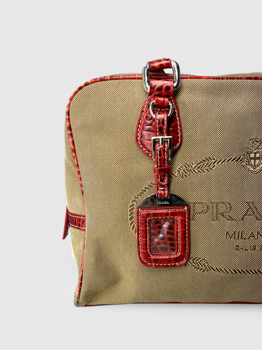 Prada Beige Canapa Logo Canvas Shoulder Bag Red