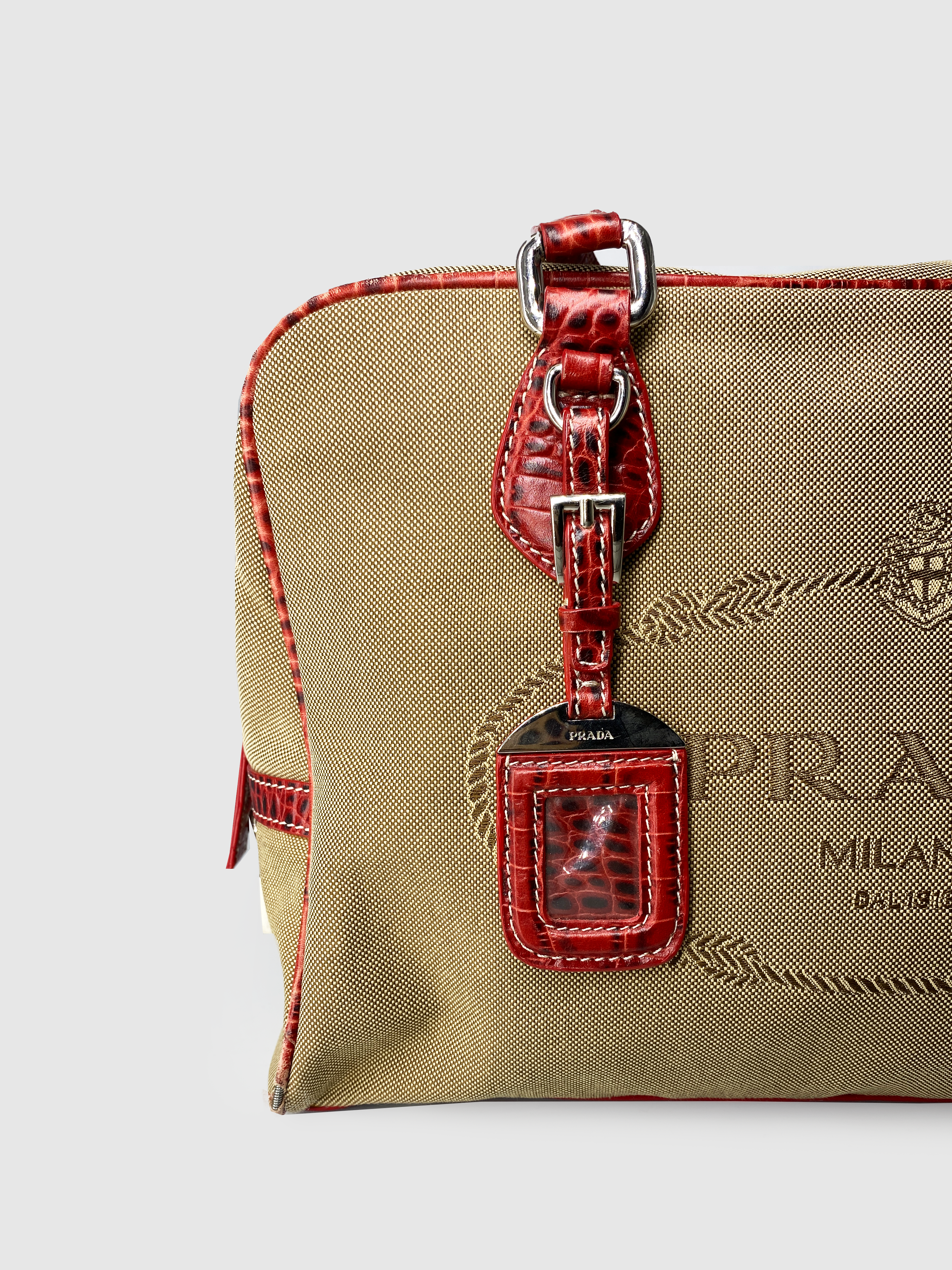 Prada Beige Canapa Logo Canvas Shoulder Bag Red